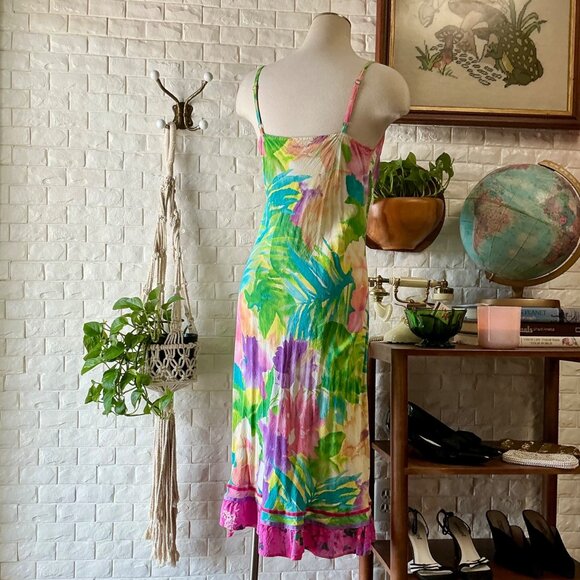 Vintage Jams World Tropical Orchid Floral Midi Sun Dress + Ribbon Hem Detail - Picture 7 of 12